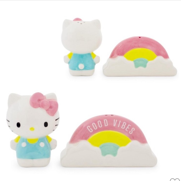 BNWT HELLO KITTY CERAMIC SALT & PEPPER SHAKER SET “GOOD VIBES” RAINBOW DESIGN - Picture 4 of 7